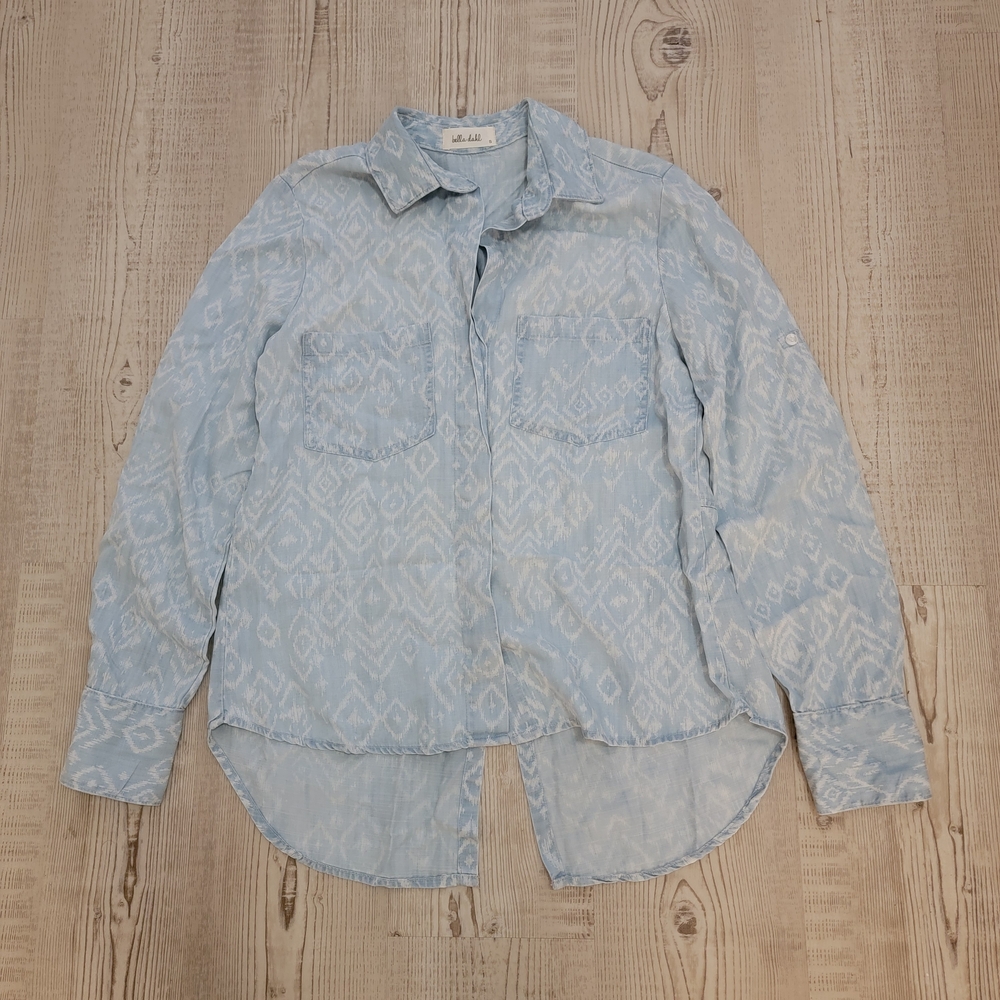 Bella Dahl Soft Light Blue Ikat Button-Down Shirt Casual Boho Western Minimalist